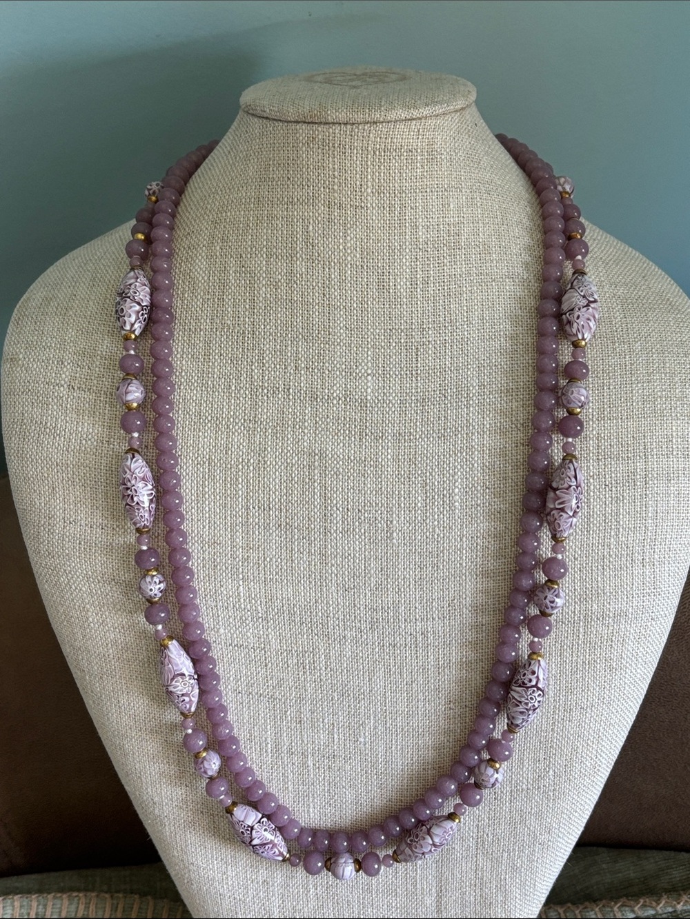 🟡Vintage Handmade Lavender/Mauve/Purple Beaded Double-Strand Necklace W/Filigree